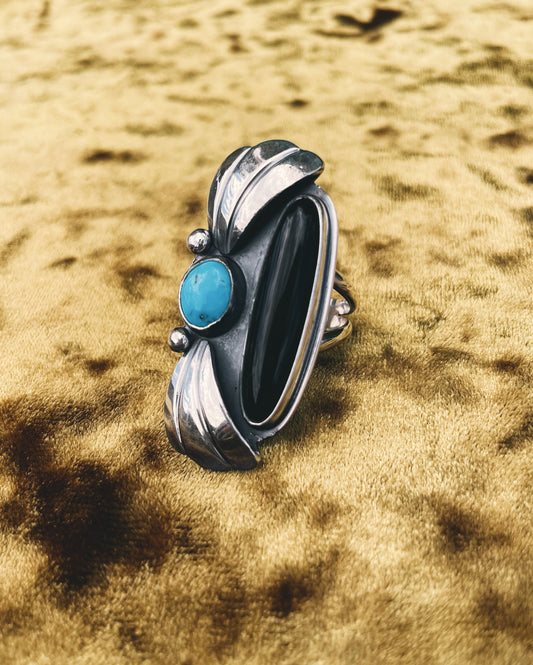 Onyx & Turquoise Ring sz8