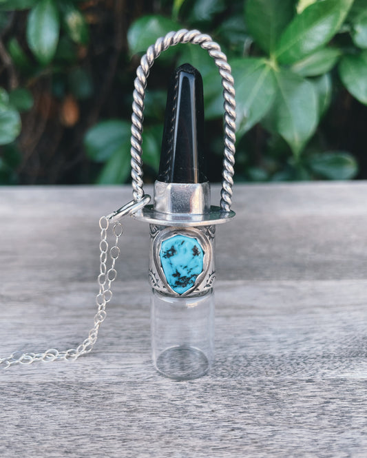 Obsidian with Sleeping Beauty Turquoise and Sterling Silver Rollerball Necklace(stamped)