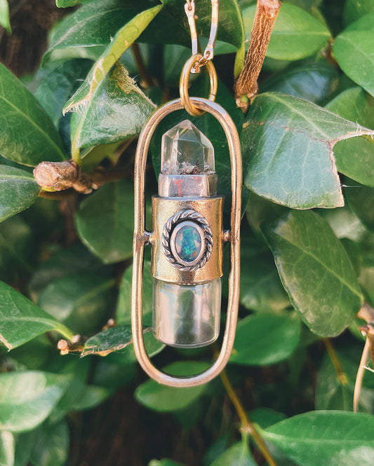 Brass Lucid - Rutilated Quartz + Australian Opal Rollerball Necklace