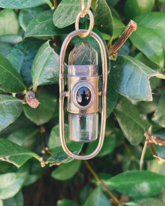 Brass Lucid - Golden Rutilated Quartz + Garnet Rollerball Necklace