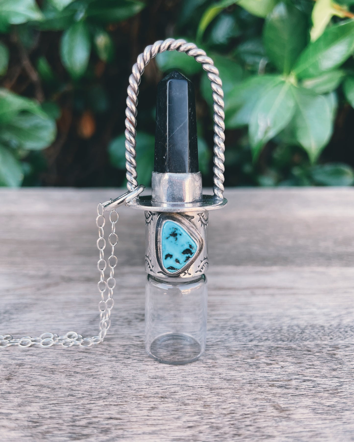 Obsidian with Sleeping Beauty Turquoise and Sterling Silver Rollerball Necklace(stamped)