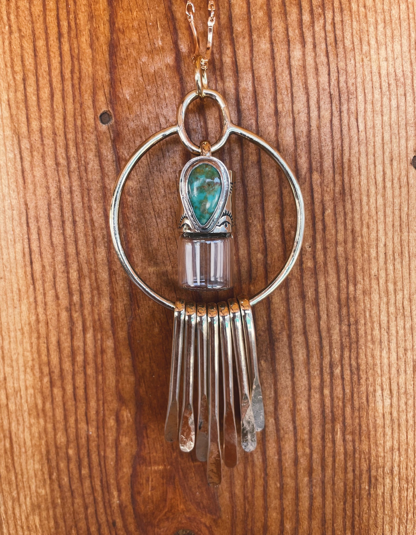 Brass Oleum Dream Catcher - Morenci Turquoise Rollerball Necklace