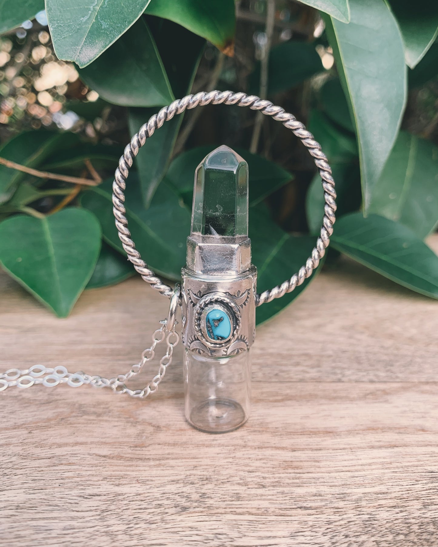 Sterling Silver Horizon - Clear Quartz and Sleeping Beauty Turquoise Rollerball Necklace