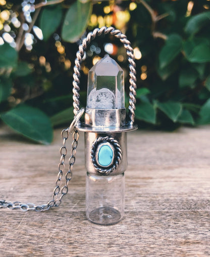 Sterling Silver Classic - Clear Quartz + Sleeping Beauty Turquoise Rollerball Necklace