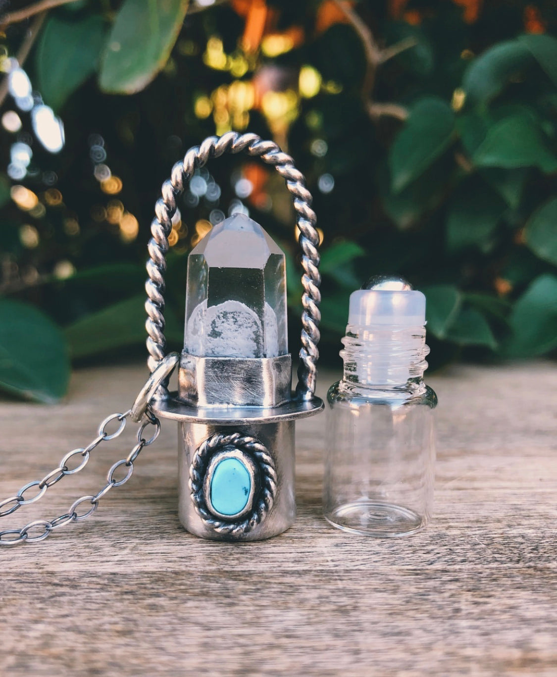 Sterling Silver Classic - Clear Quartz + Sleeping Beauty Turquoise Rollerball Necklace