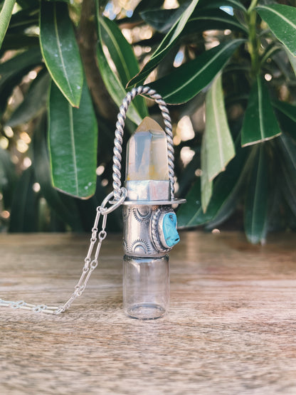 Sterling Silver Classic - Clear Quartz + Sleeping Beauty Turquoise Rollerball Necklace