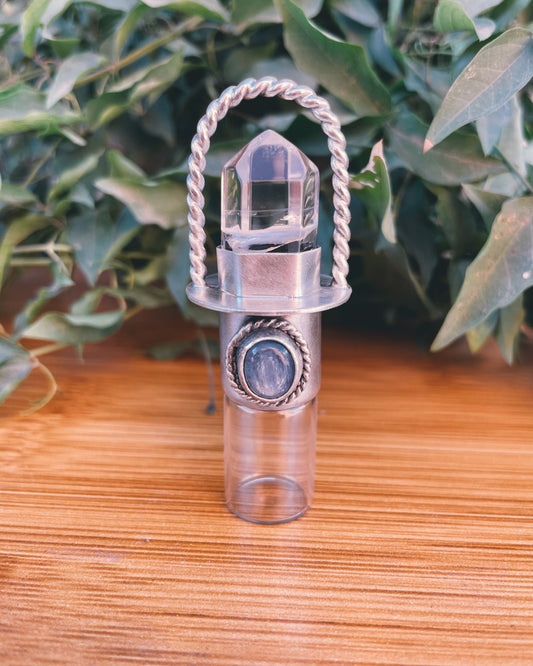 Sterling Silver Twist Classic - Clear Quartz + Kyanite Rollerball Necklace