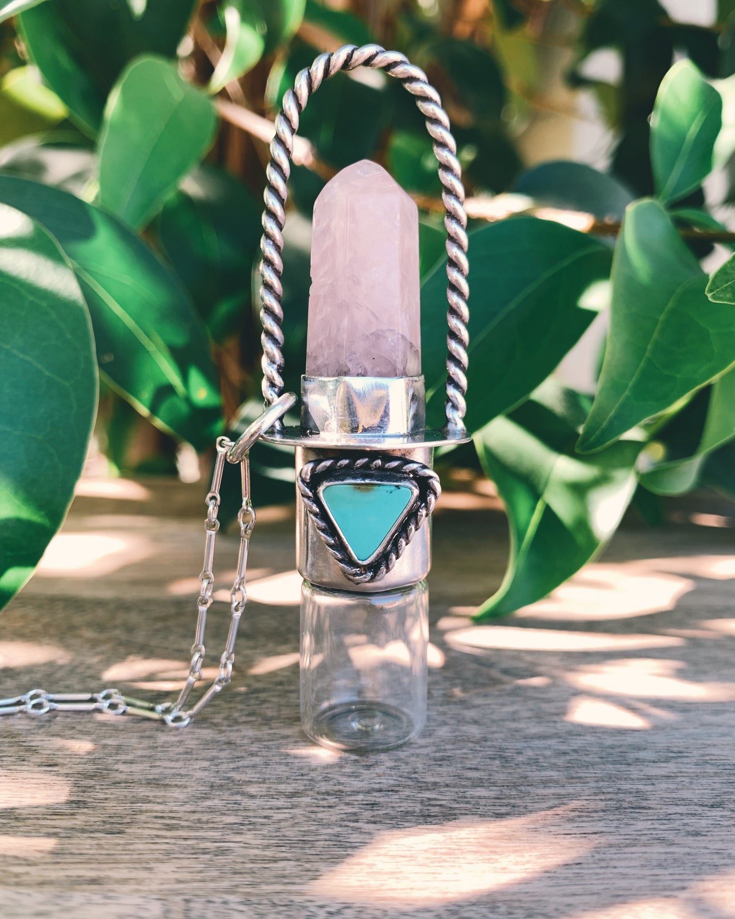 Sterling Silver Twisted Classic - Rose Quartz + Morenci Turquoise Rollerball Necklace