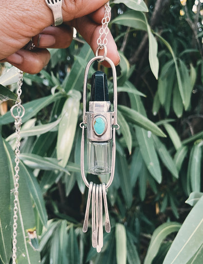 Sterling Silver Fringe - Falcon's Eye + Hachita Turquoise Rollerball Necklace