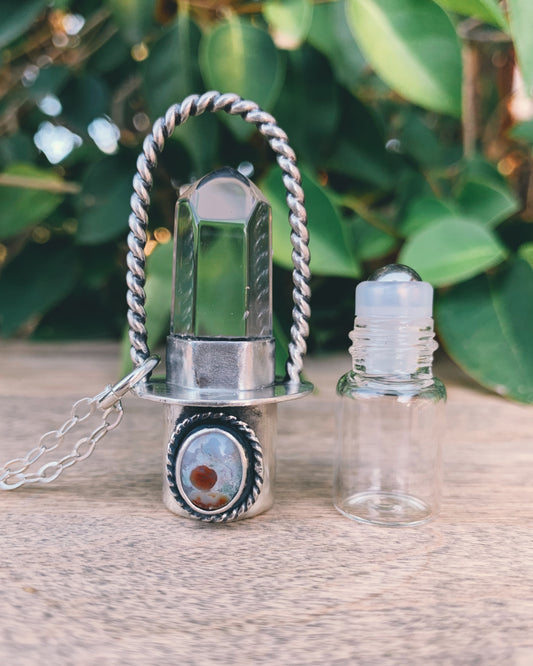 Classic - Clear Quartz, Ocean Jasper, and Sterling Silver Rollerball Necklace