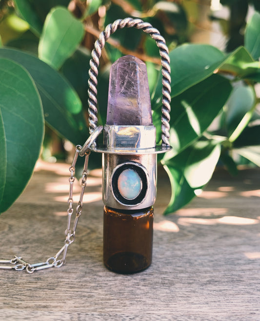 Sterling Silver Twisted Classic -  Amethyst + Opal Rollerball Necklace