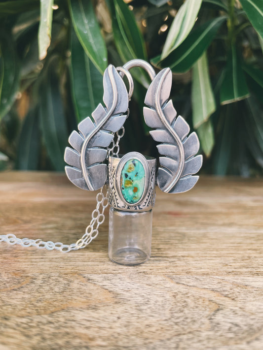 Sterling Silver Geometric Leafy - Royston Turquoise Rollerball Necklace