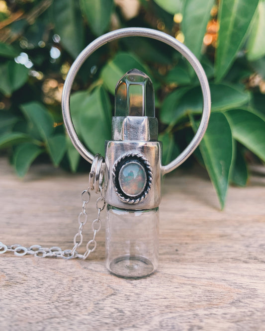 Sterling Silver Horizon - Clear Quartz + Ethiopian Opal Rollerball Necklace