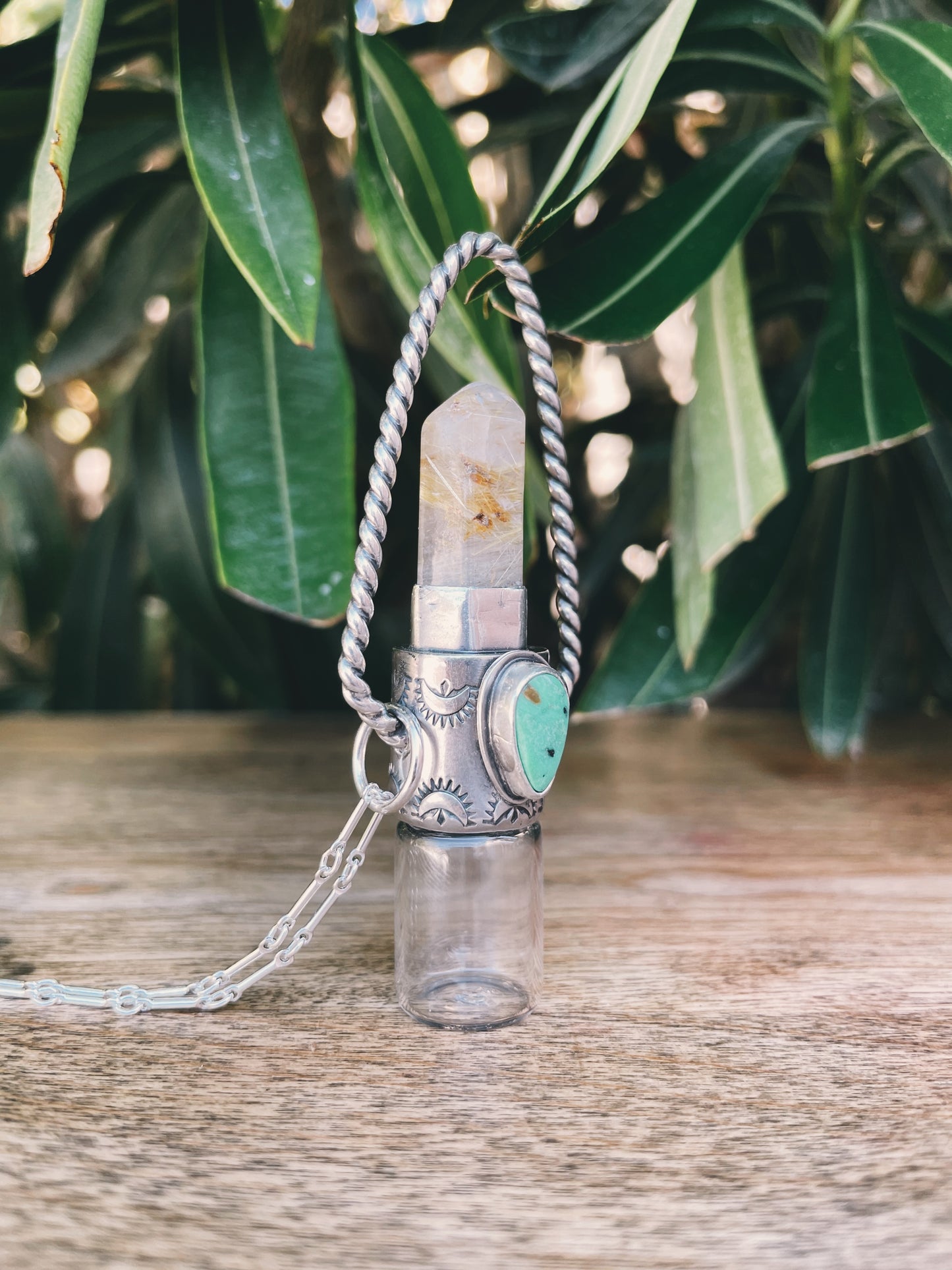 Sterling Silver Twisted Geometric - Gold Rutilated Quartz + Royston Turquoise Rollerball Necklace