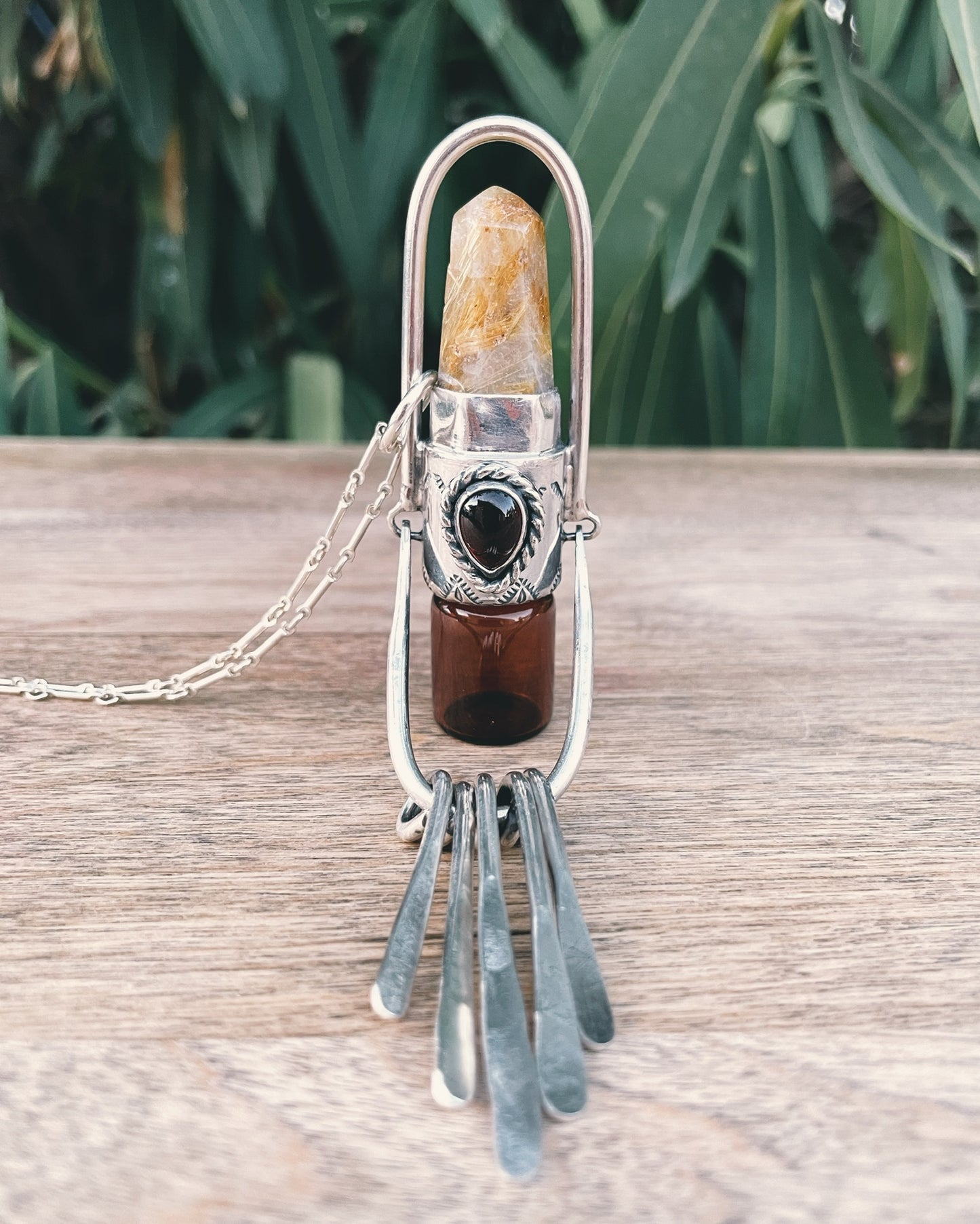 Sterling Silver Fringe - Gold Rutilated Quartz + Garnet Rollerball Necklace