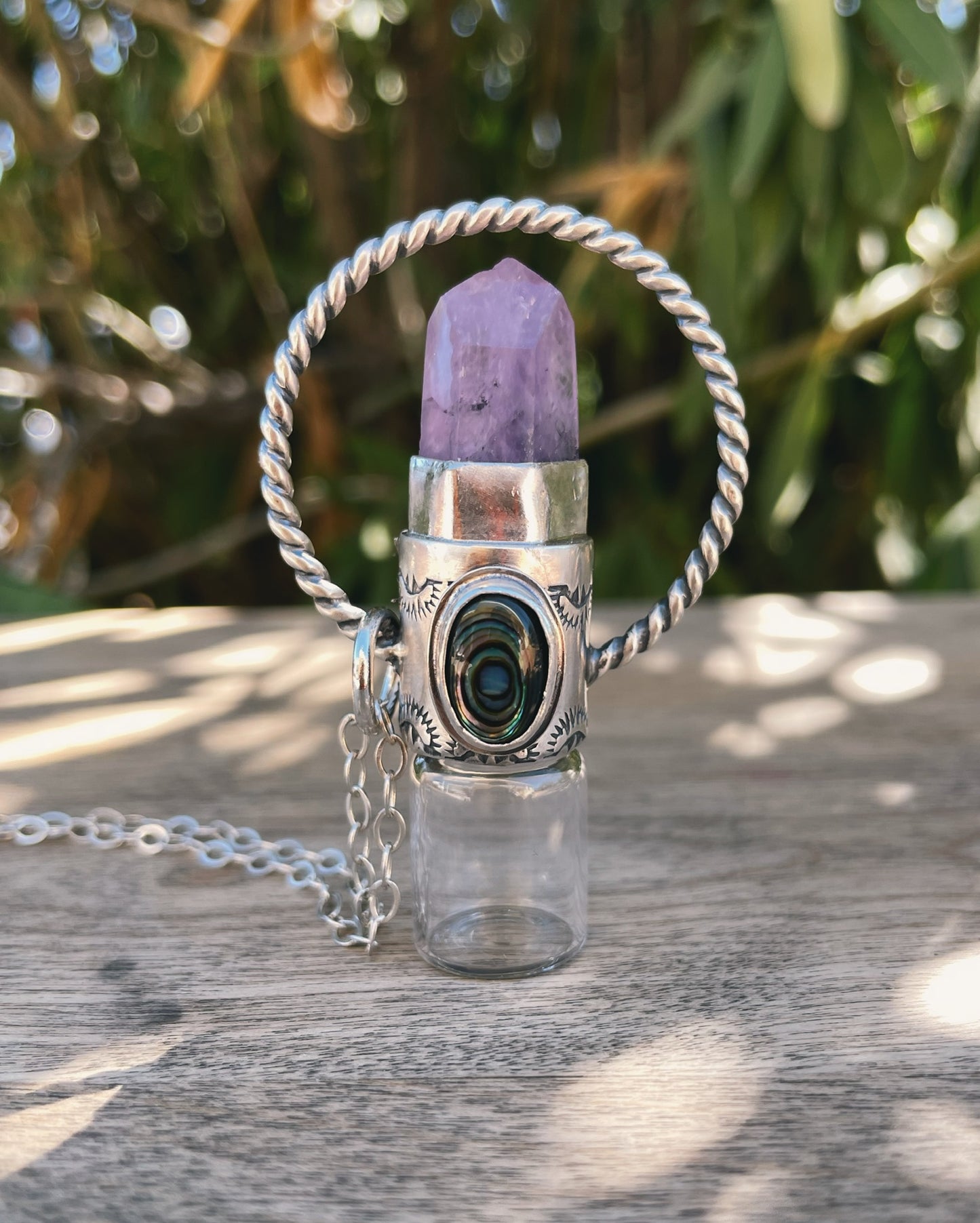 Sterling Silver Twist Horizon -  Amethyst + Abalone Rollerball Necklace