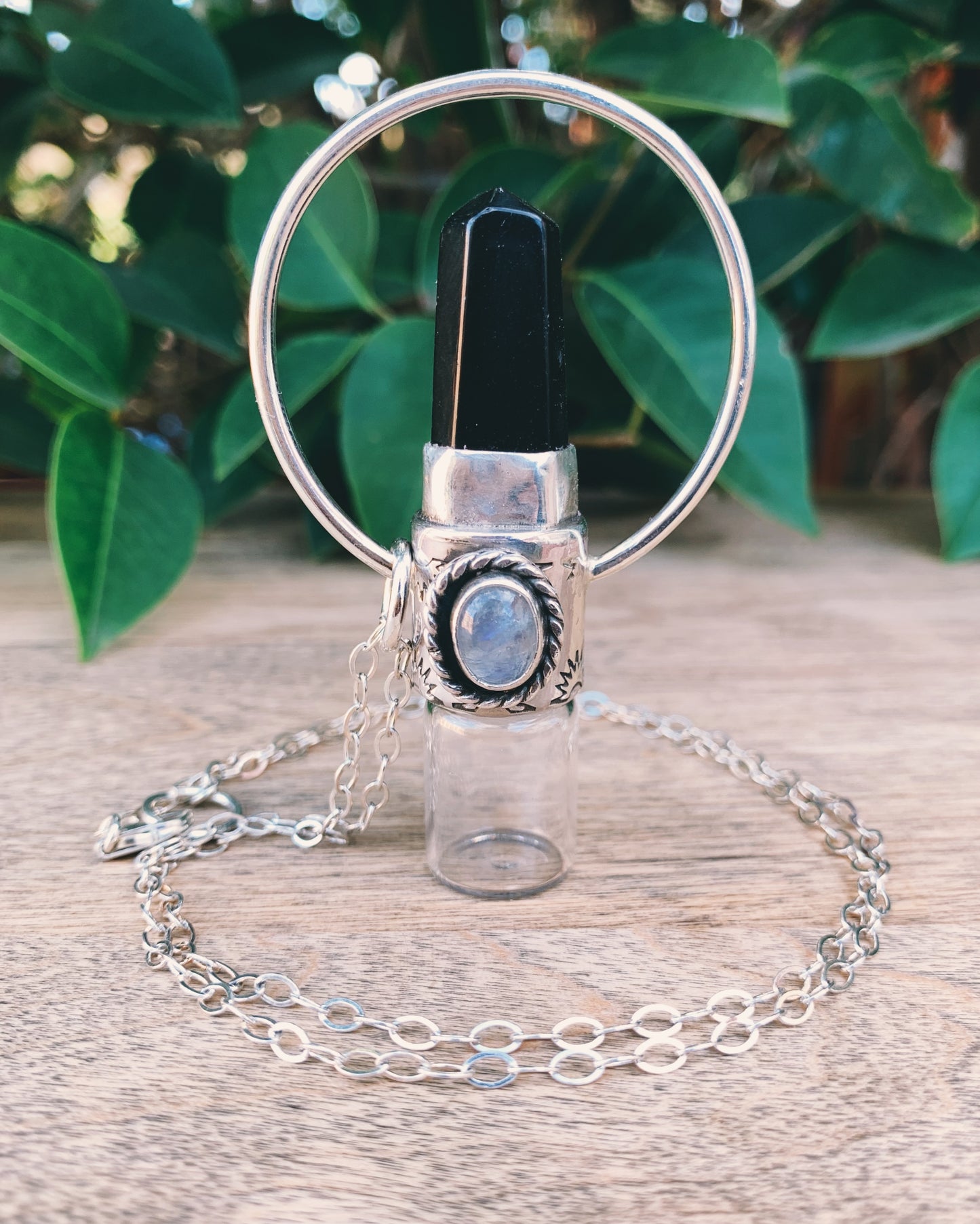 Horizon -  Obsidian, Rainbow Moonstone and Sterling Silver Rollerball Necklace