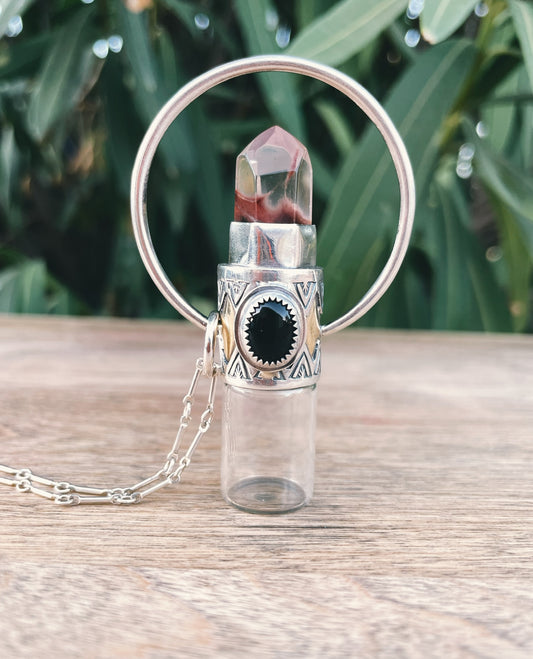 Sterling Silver Horizon Viking - Amphibole Quartz + Black Onyx Rollerball Necklace