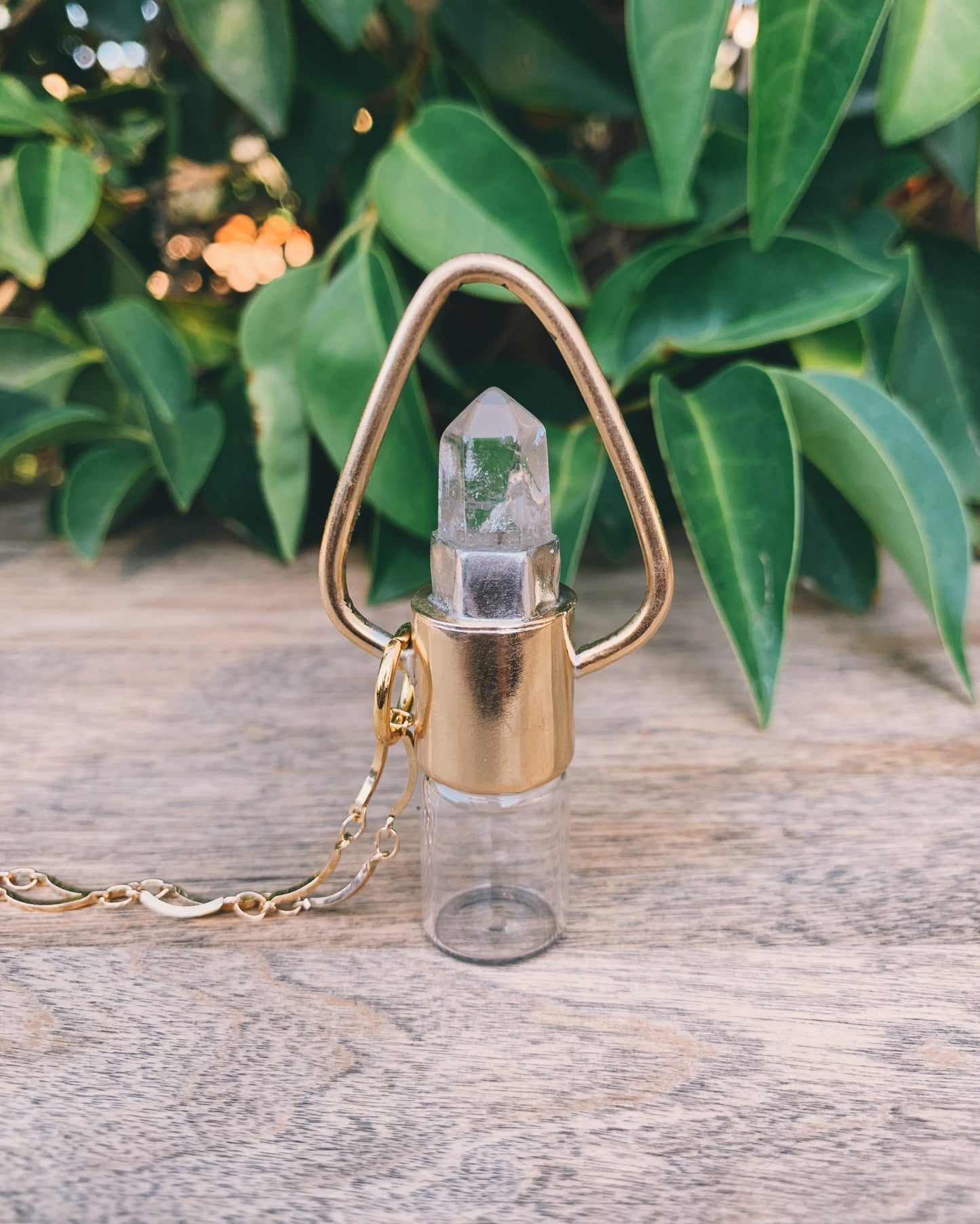 Geometric - Clear Quartz and Brass Rollerball Necklace