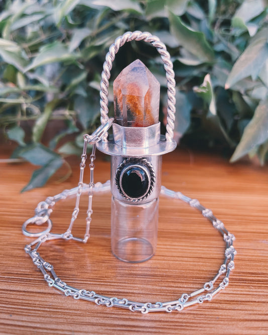 Sterling Silver Twist Classic - Amphibole Quartz + Black Onyx Rollerball Necklace