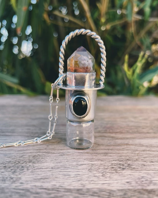 Sterling Silver Twist Classic - Amphibole Quartz + Black Onyx Rollerball Necklace