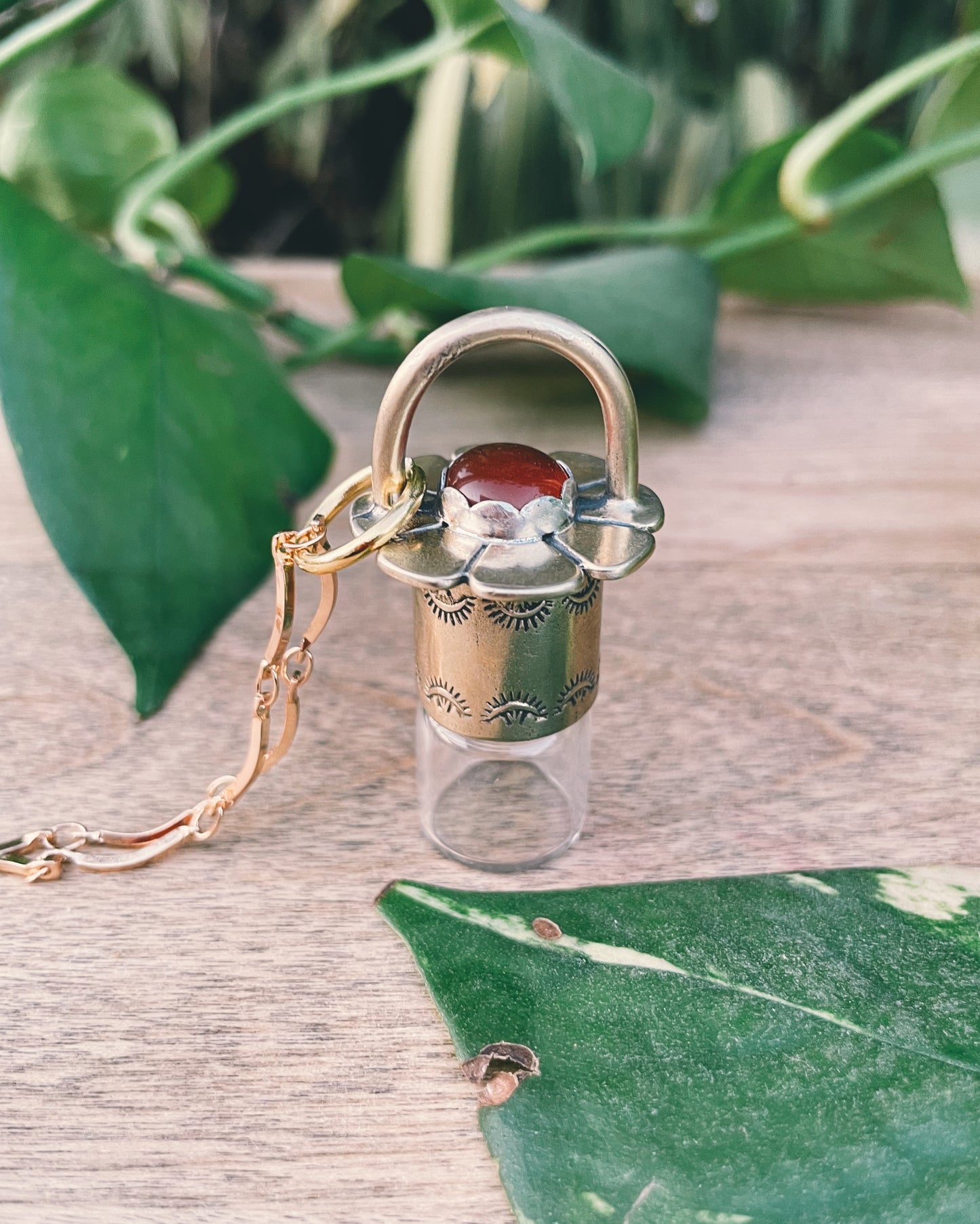 Brass Daisy - Carnelian Rollerball Necklace