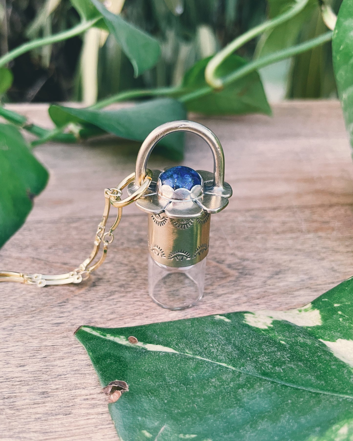 Brass Daisy -  Lapis Lazuli Rollerball Necklace