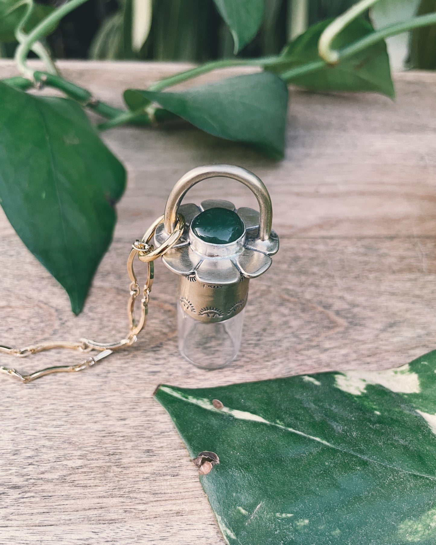Brass Daisy - Nephrite Jade Rollerball Necklace
