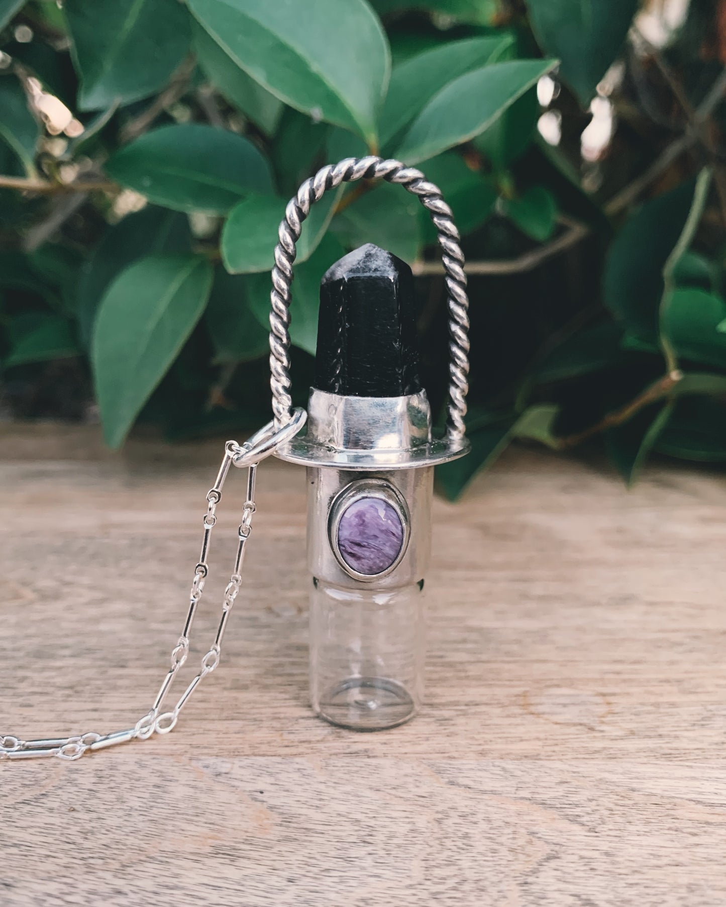 Double Stone(Twisted) - Super 7, Charoite and Sterling Silver Rollerball Necklace