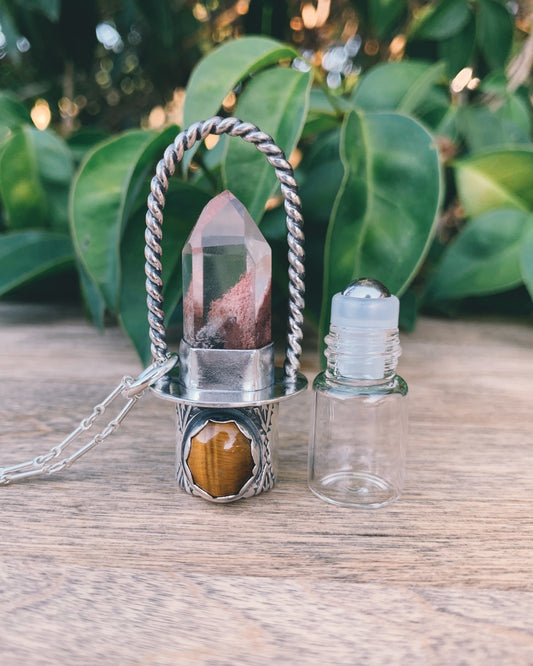 Classic - Amphibole Quartz, Tigers Eye, and Sterling Silver Rollerball Necklace