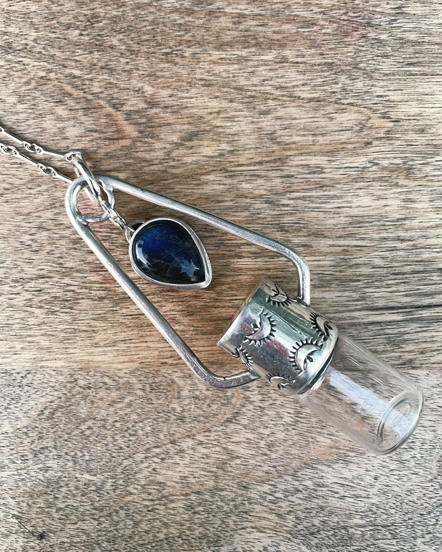 Sterling Silver Geometric Charm - Labradorite Rollerball Necklace