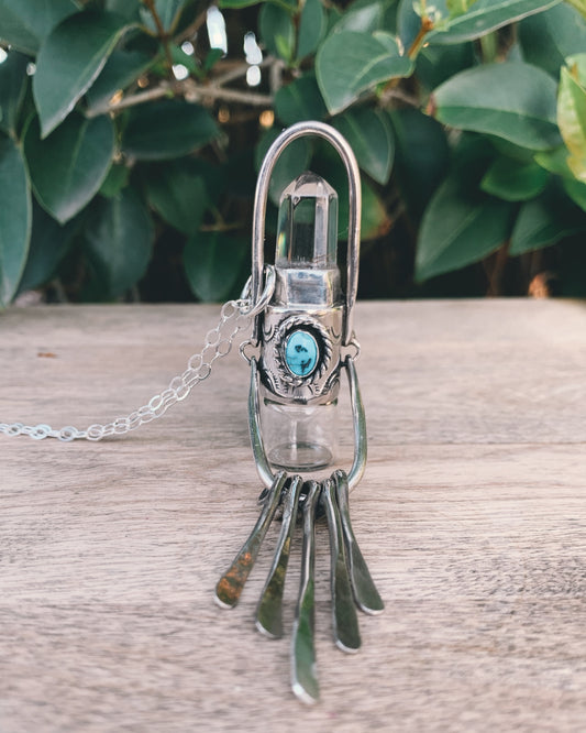 Sterling Silver Fringe - Clear Quartz and Sleeping Beauty Turquoise Rollerball Necklace