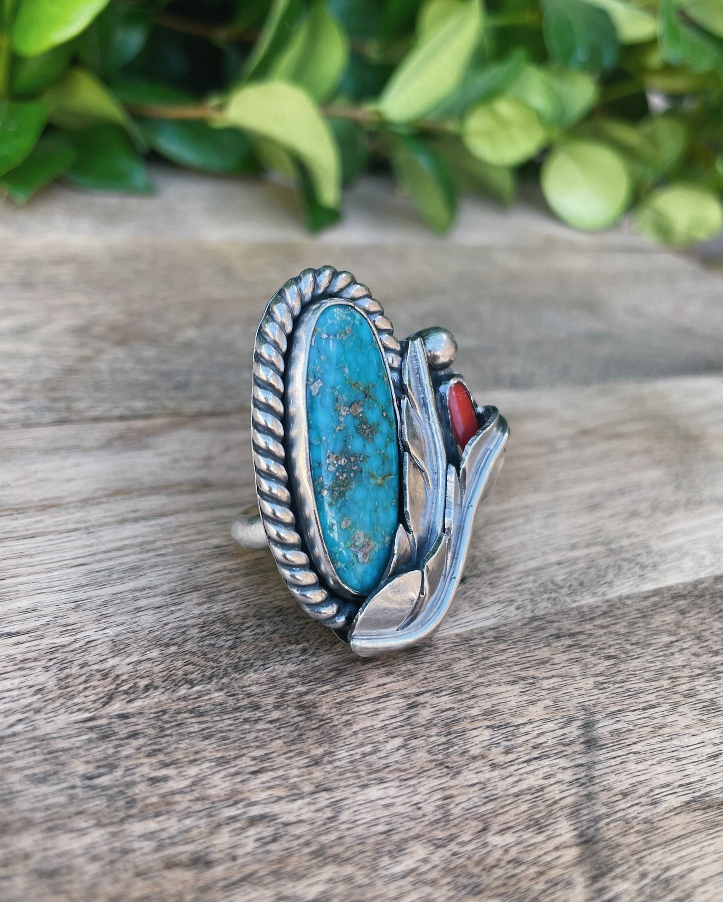 Kingman Turquoise Ring with Coral