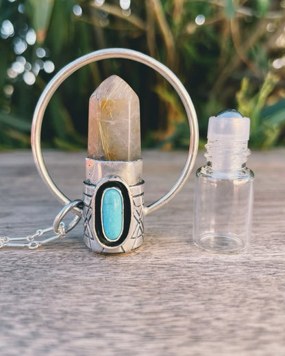 Sterling Silver Horizon - Golden Rutilated Quartz + Kingman Turquoise Rollerball Necklace