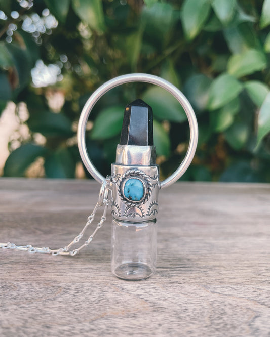 Sterling Silver Horizon -  Obsidian + Sleeping Beauty Turquoise Rollerball Necklace