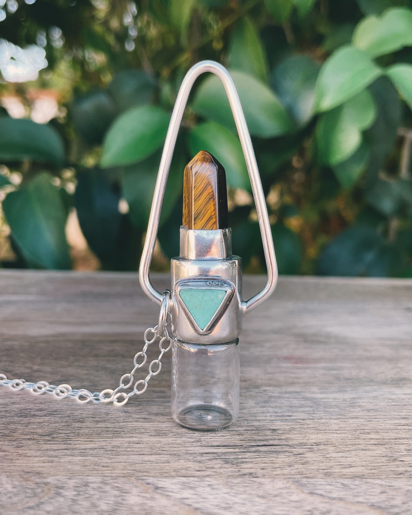 Sterling Silver Geometric - Tigers Eye + Morenci Turquoise Rollerball Necklace