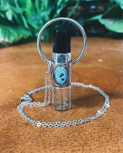 Sterling Silver Horizon -  Obsidian + Sleeping Beauty Turquoise Rollerball Necklace