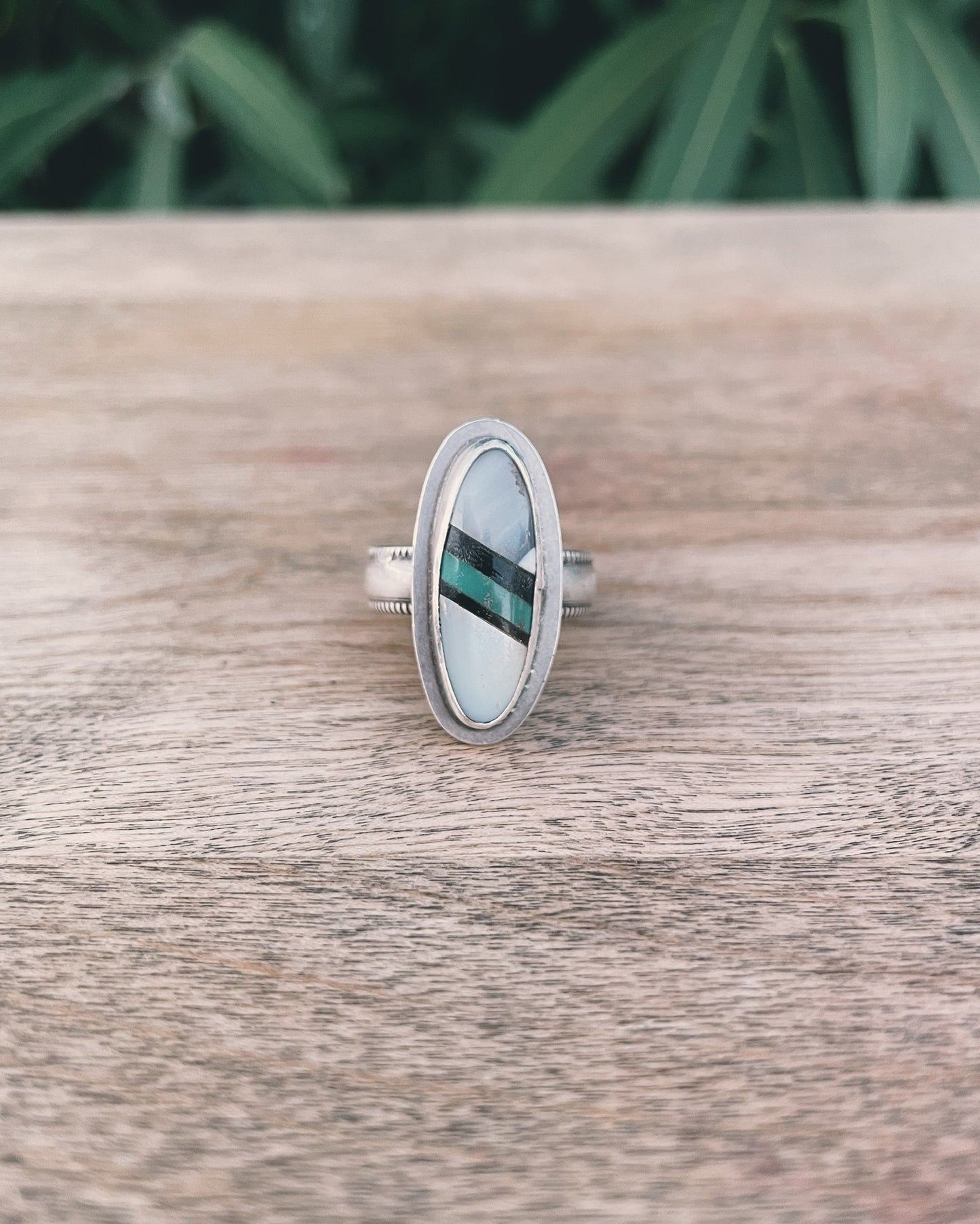 Sterling Silver - Mother of Pearl + Black Onyx + Turquoise Ring 7.75