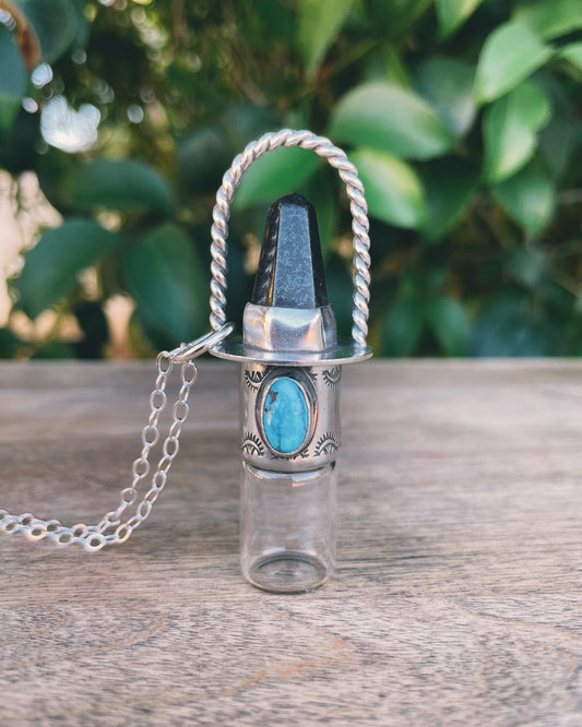 Sterling Silver Twist Classic - Obsidian + Royston Turquoise Rollerball Necklace