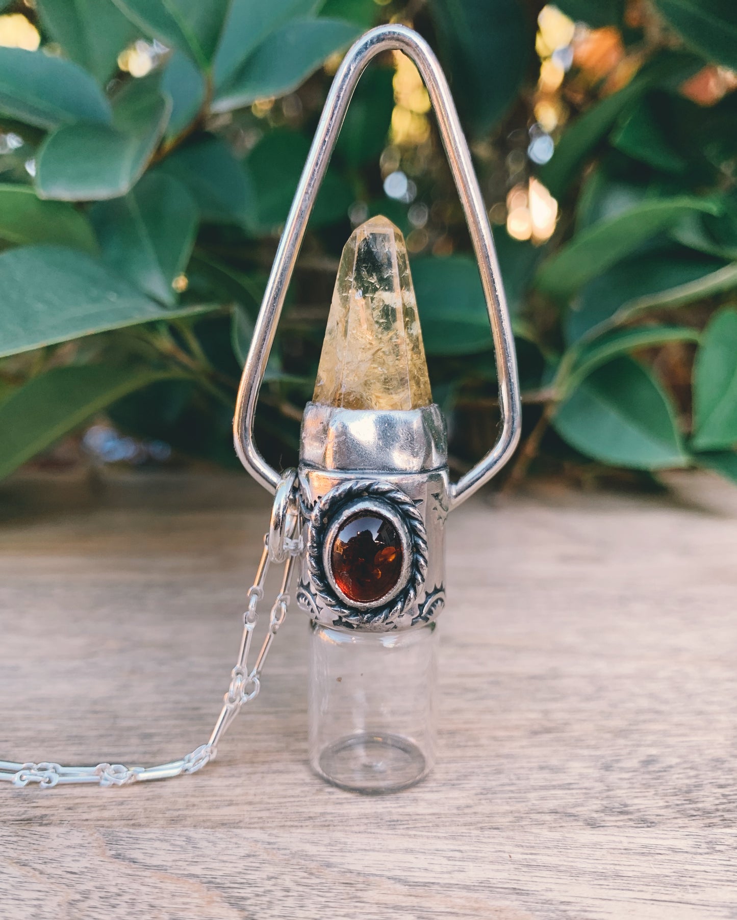 Sterling Silver Geometric - Lemon Quartz and Amber Rollerball Necklace