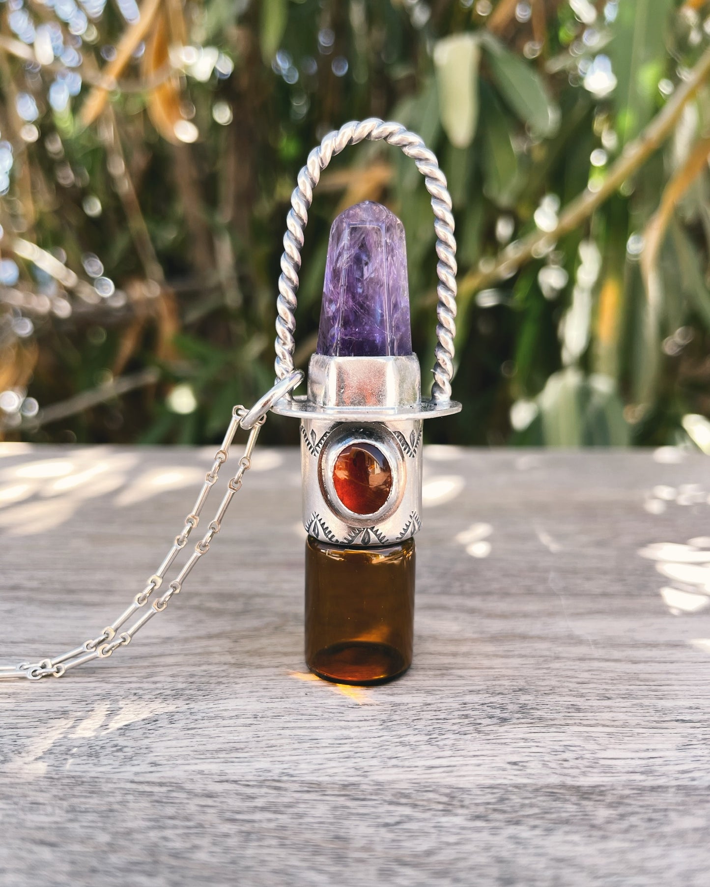 Sterling Silver Twist Classic -  Amethyst + Amber Rollerball Necklace