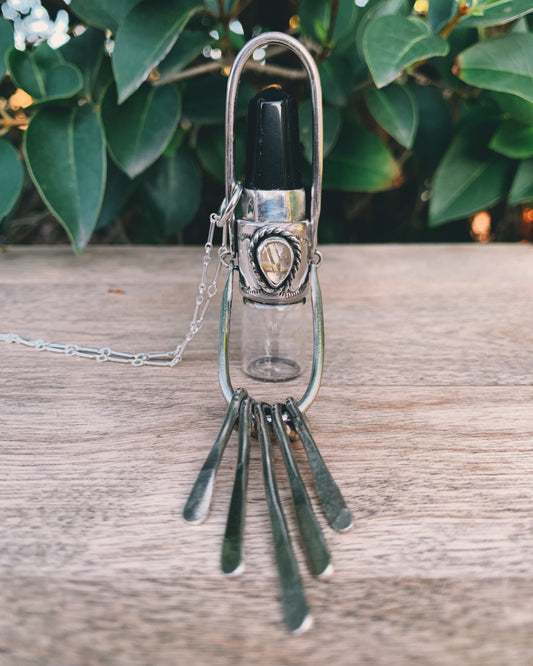 Sterling Silver Fringe - Obsidian and Golden Rutilated Quartz Rollerball Necklace