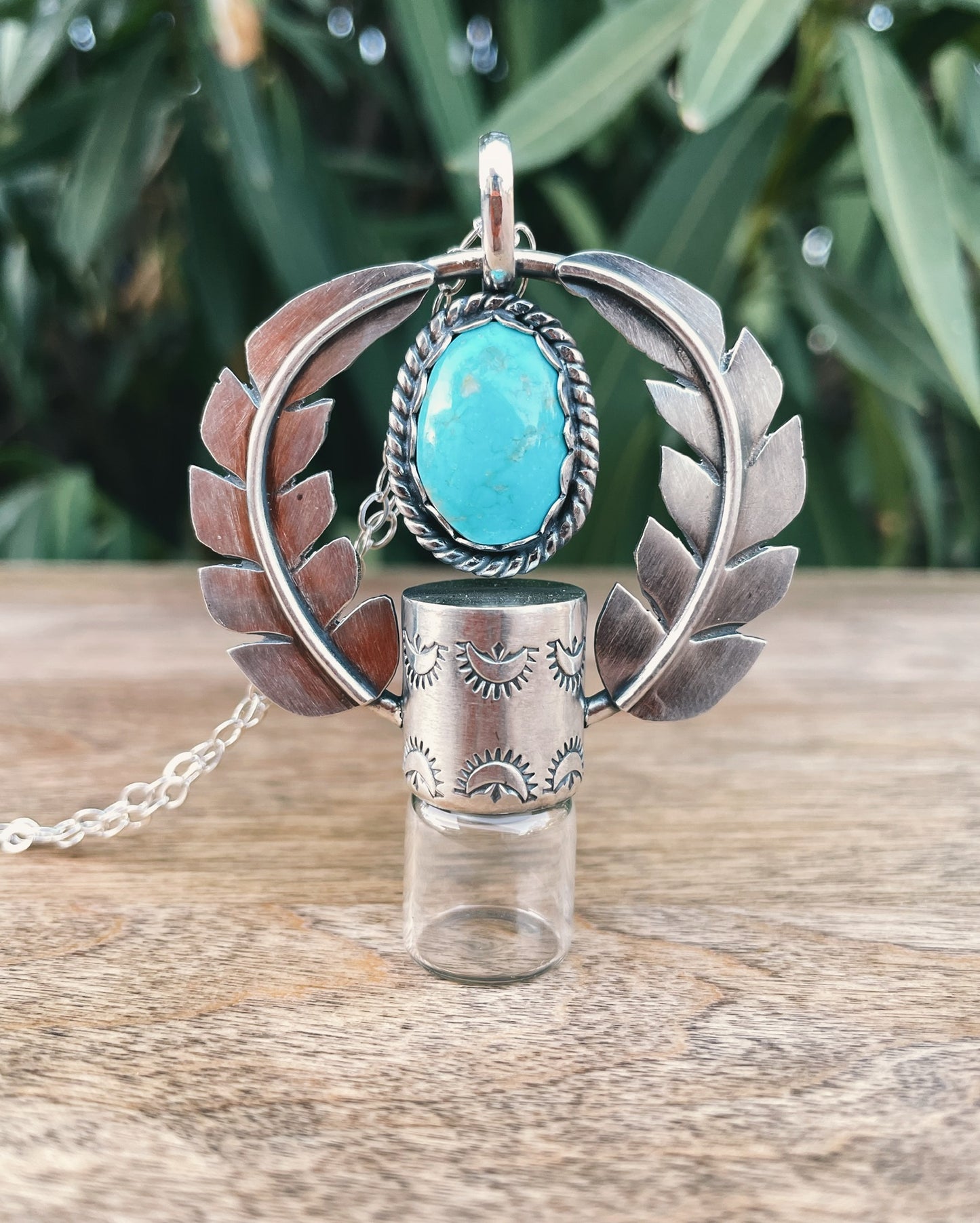 Sterling Silver Horizon Leafy - Floating Hachita Turquoise Rollerball Necklace