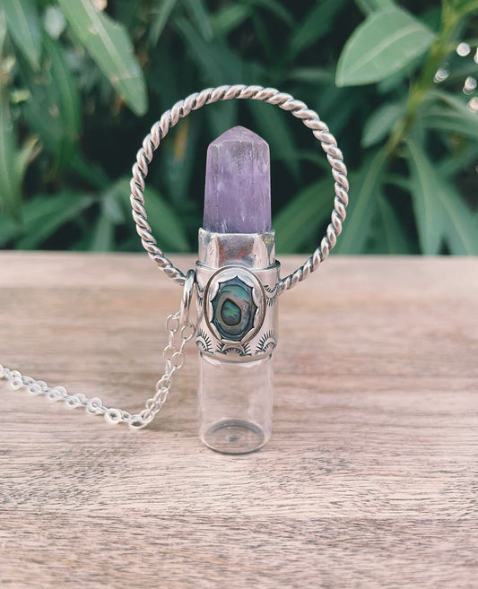 Sterling Silver Twist Horizon -  Amethyst + Abalone Shell Rollerball Necklace