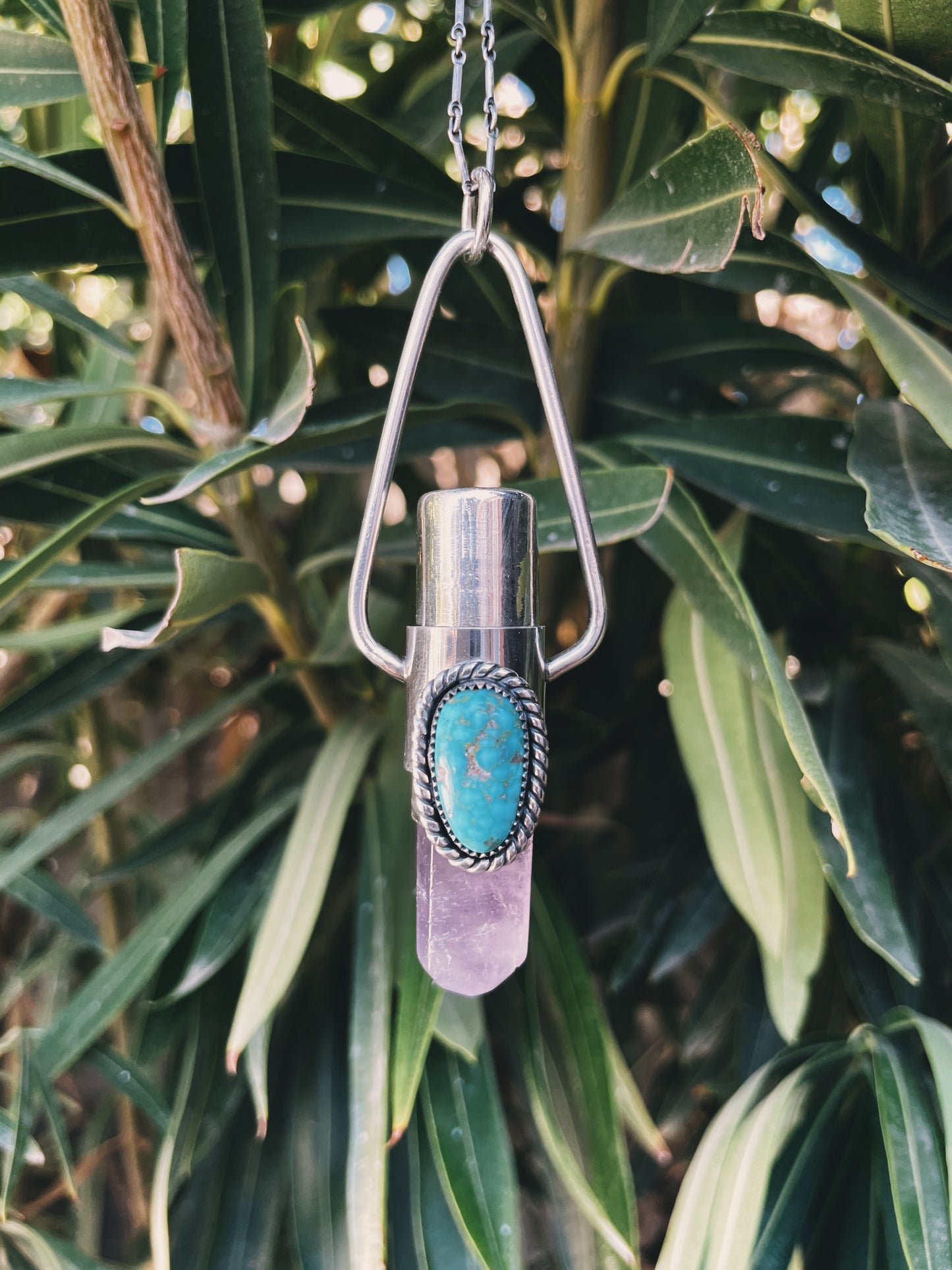 Sterling Silver As Above So Below - Amethyst + Royston Turquoise Rollerball Necklace