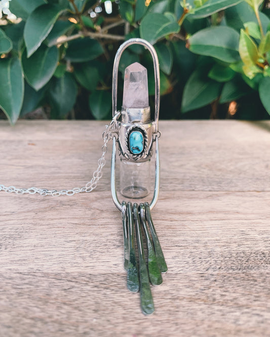 Sterling Silver Fringe - Rose Quartz and Sleeping Beauty Turquoise Rollerball Necklace