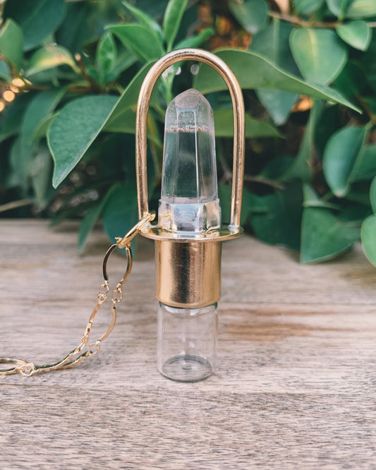 Classic - Clear Quartz and Brass Rollerball Necklace