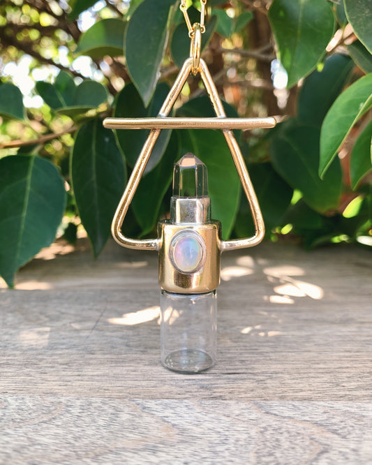 Brass Air Element - Clear Quartz + Opal Rollerball Necklace