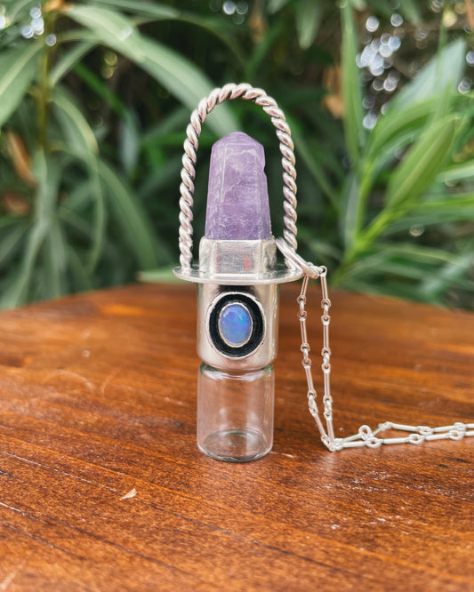 Sterling Silver Twisted Classic -  Amethyst + Opal Rollerball Necklace