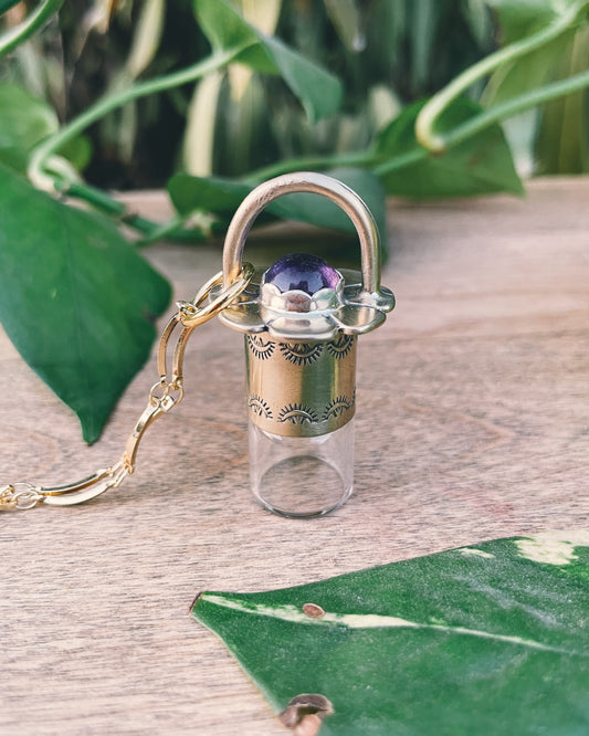 Brass Daisy - Amethyst Rollerball Necklace